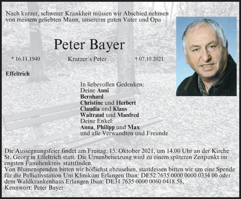  Traueranzeige für Peter Bayer vom 13.10.2021 aus Nordbayerische Nachrichten Forchheim Lokal