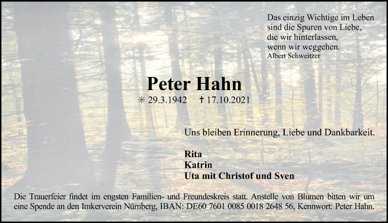  Traueranzeige für Peter Hahn vom 23.10.2021 aus Gesamtausgabe Nürnberger Nachrichten/ Nürnberger Ztg.