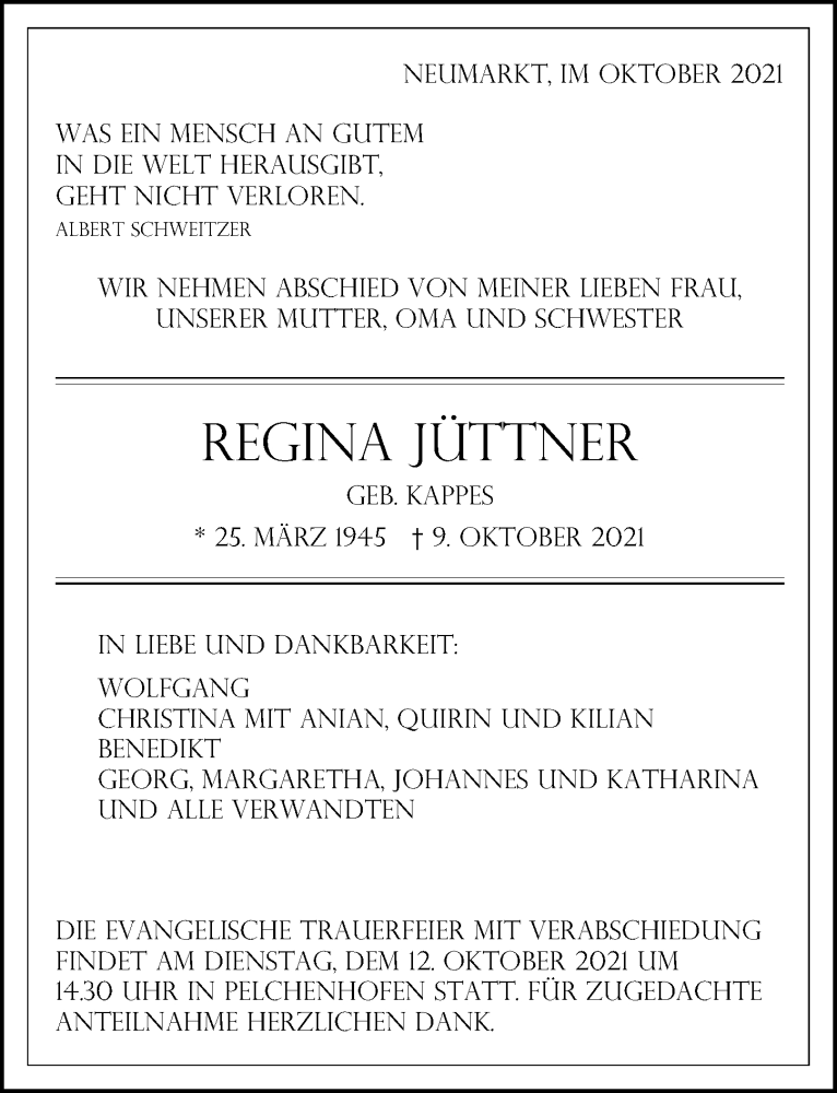  Traueranzeige für Regina Jüttner vom 11.10.2021 aus Neumarkter Nachrichten Lokal