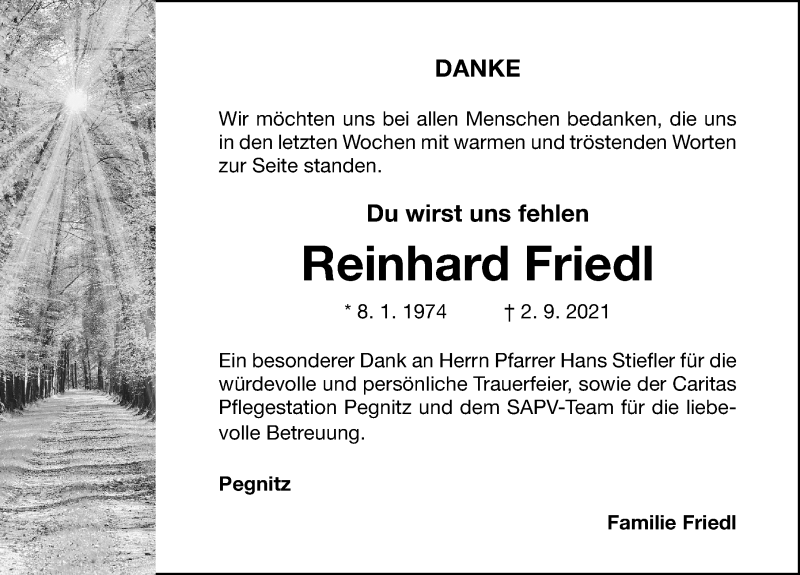  Traueranzeige für Reinhard Friedl vom 09.10.2021 aus Nordbayerische Nachrichten Pegnitz Lokal