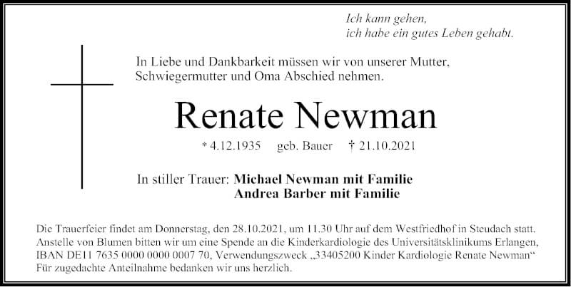  Traueranzeige für Renate Newman vom 25.10.2021 aus Erlanger Nachrichten Lokal