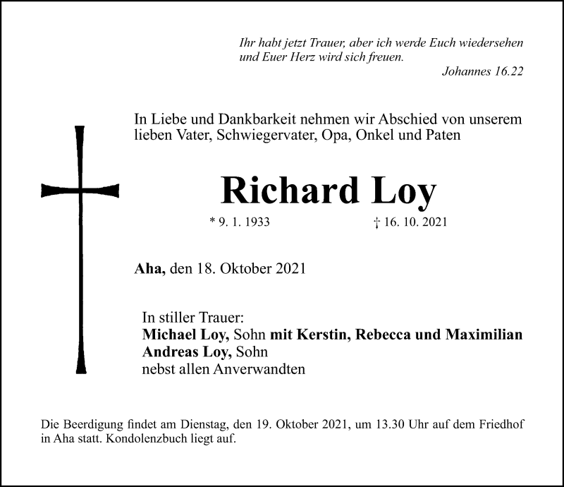  Traueranzeige für Richard Loy vom 18.10.2021 aus Altmühl-Bote Lokal