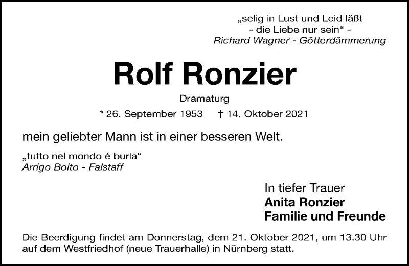  Traueranzeige für Rolf Ronzier vom 20.10.2021 aus Gesamtausgabe Nürnberger Nachrichten/ Nürnberger Ztg.