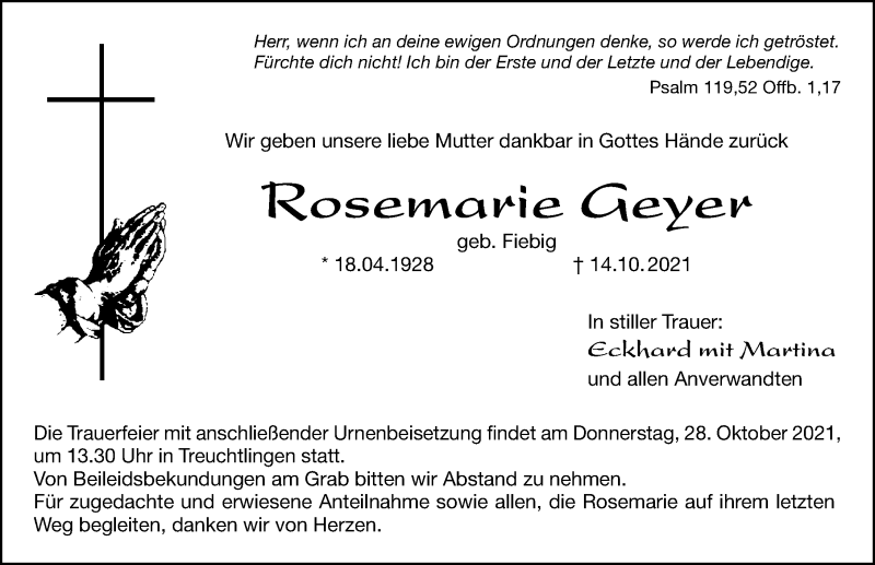  Traueranzeige für Rosemaeie Geyer vom 23.10.2021 aus Weißenburger Tagblatt u.Treuchtlinger Kurier Lokal