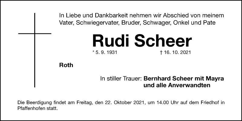  Traueranzeige für Rudi Scheer vom 20.10.2021 aus Roth-Hilpoltsteiner Volkszeitung Lokal