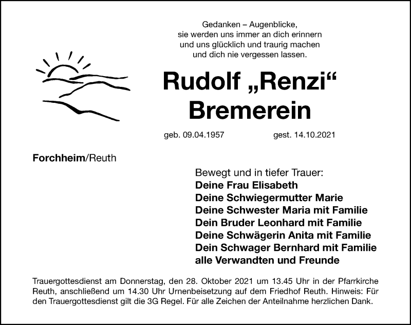  Traueranzeige für Rudolf Bremerein vom 23.10.2021 aus Nordbayerische Nachrichten Forchheim Lokal