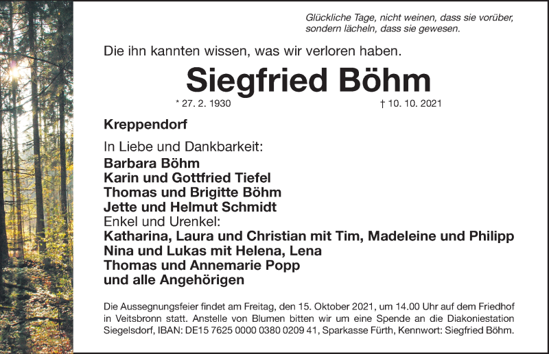  Traueranzeige für Siegfried Böhm vom 13.10.2021 aus Fürther Nachrichten Lokal