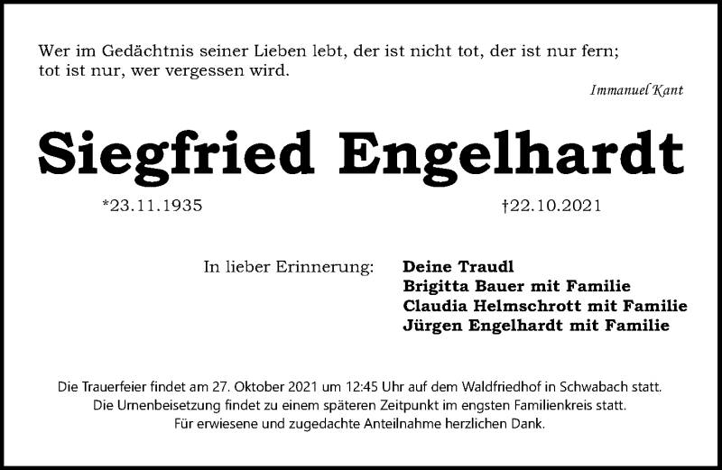  Traueranzeige für Siegfried Engelhardt vom 26.10.2021 aus Schwabacher Tagblatt Lokal