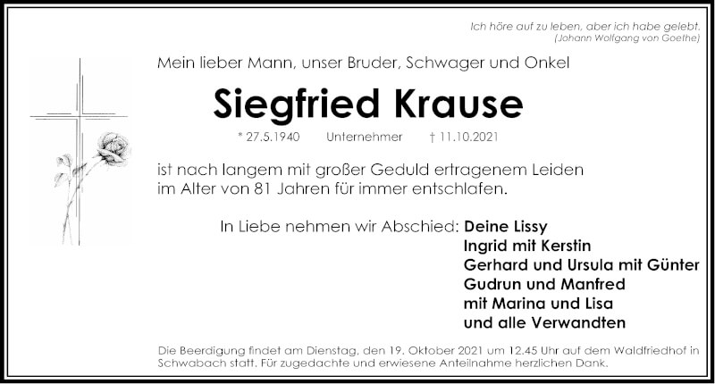  Traueranzeige für Siegfried Krause vom 16.10.2021 aus Gesamtausgabe Nürnberger Nachrichten/ Nürnberger Ztg.
