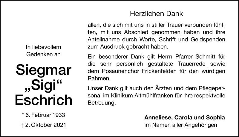  Traueranzeige für Siegmar Eschrich vom 23.10.2021 aus Altmühl-Bote Lokal