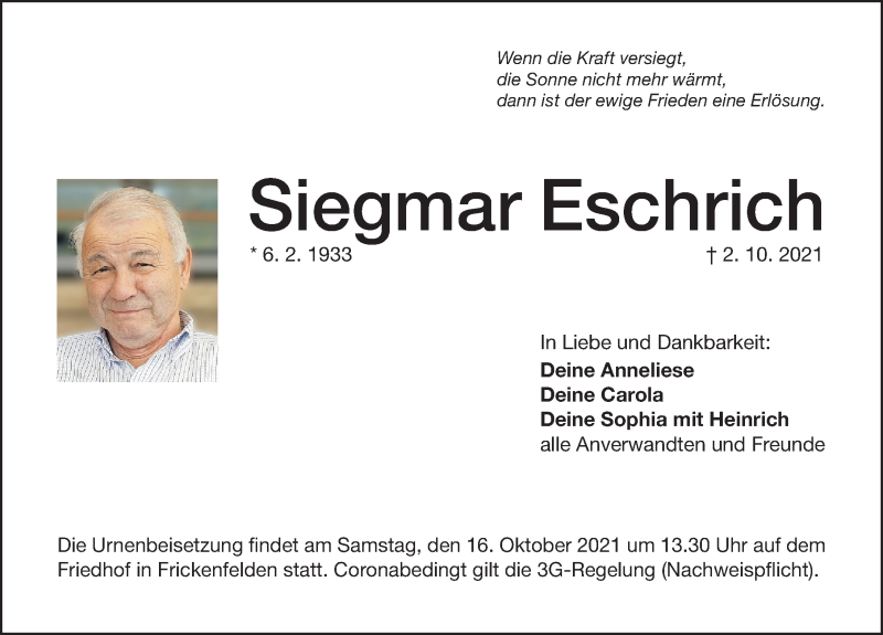  Traueranzeige für Siegmar Eschrich vom 13.10.2021 aus Altmühl-Bote Lokal