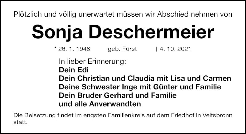  Traueranzeige für Sonja Deschermeier vom 16.10.2021 aus Fürther Nachrichten Lokal