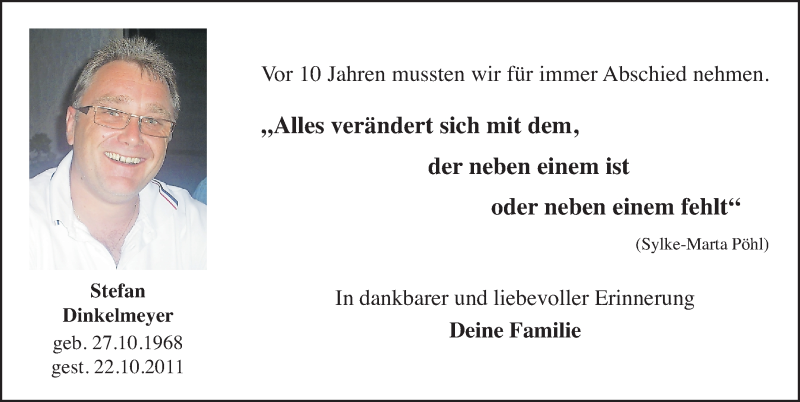  Traueranzeige für Stefan Dinkelmeyer vom 22.10.2021 aus Weißenburger Tagblatt u.Treuchtlinger Kurier Lokal
