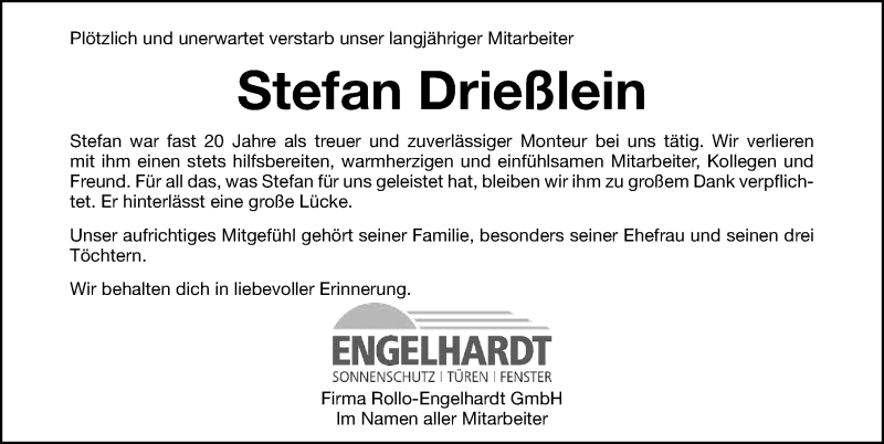  Traueranzeige für Stefan Drießlein vom 13.10.2021 aus Roth-Hilpoltsteiner Volkszeitung Lokal