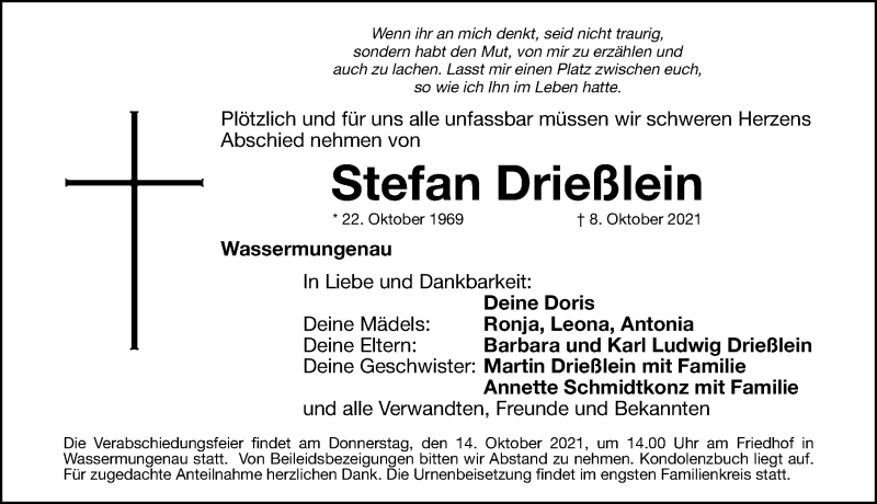  Traueranzeige für Stefan Drießlein vom 13.10.2021 aus Roth-Hilpoltsteiner Volkszeitung Lokal