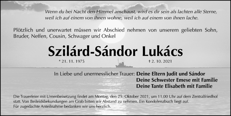  Traueranzeige für Szilard-Sandor Lukacs vom 20.10.2021 aus Erlanger Nachrichten Lokal