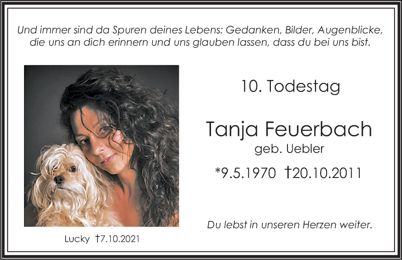  Traueranzeige für Tanja Feuerbach vom 20.10.2021 aus Erlanger Nachrichten Lokal