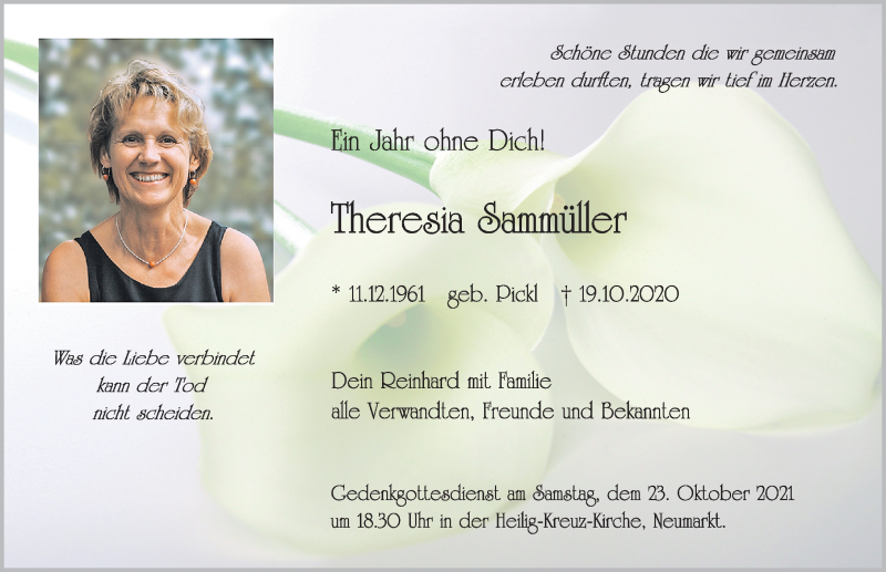  Traueranzeige für Theresia Sammüller vom 19.10.2021 aus Neumarkter Nachrichten Lokal