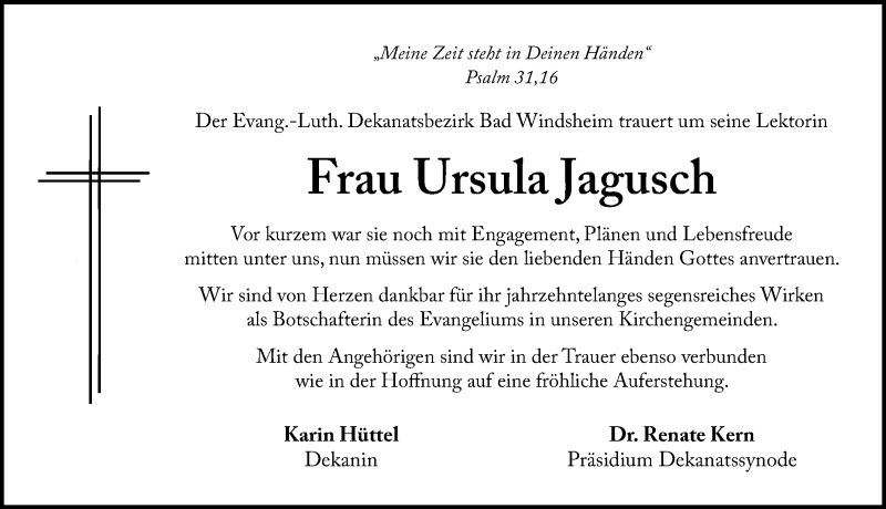  Traueranzeige für Ursula Jagusch vom 14.10.2021 aus Windsheimer Zeitung Lokal