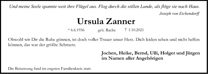  Traueranzeige für Ursula Zanner vom 23.10.2021 aus Erlanger Nachrichten Lokal