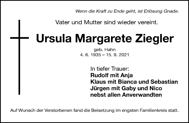  Traueranzeige für Ursula Margarete Ziegler vom 11.10.2021 aus Gesamtausgabe Nürnberger Nachrichten/ Nürnberger Ztg.