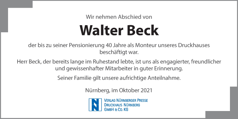  Traueranzeige für Walter Beck vom 14.10.2021 aus Gesamtausgabe Nürnberger Nachrichten/ Nürnberger Ztg.