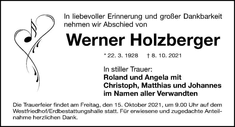  Traueranzeige für Werner Holzberger vom 13.10.2021 aus Gesamtausgabe Nürnberger Nachrichten/ Nürnberger Ztg.
