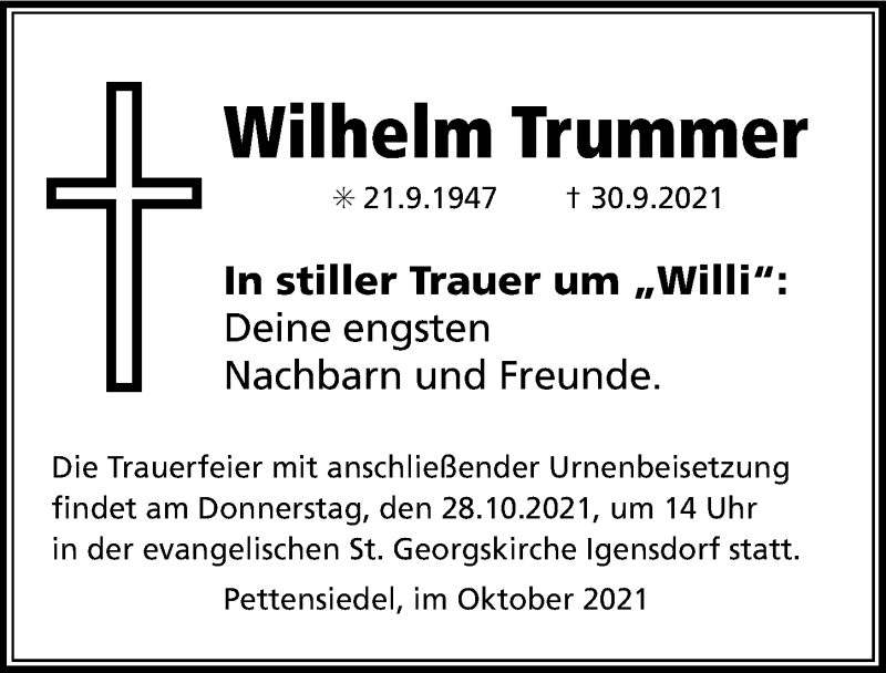  Traueranzeige für Wilhelm Trummer vom 26.10.2021 aus Gesamtausgabe Nürnberger Nachrichten/ Nürnberger Ztg.