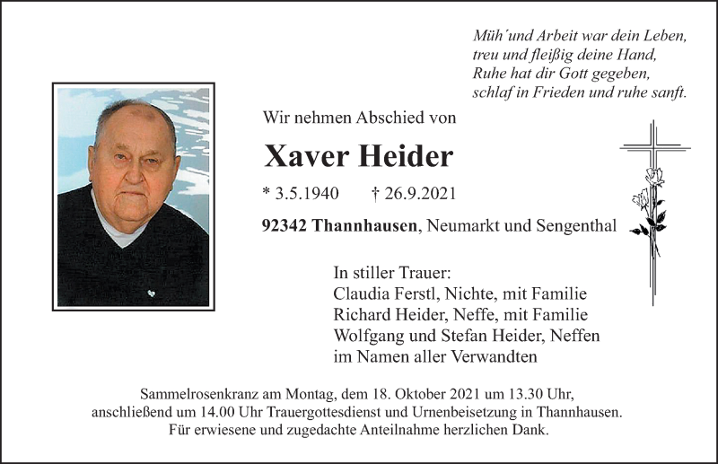  Traueranzeige für Xaver Heider vom 14.10.2021 aus Neumarkter Nachrichten Lokal