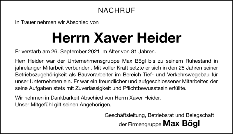  Traueranzeige für Xaver Heider vom 15.10.2021 aus Neumarkter Nachrichten Lokal