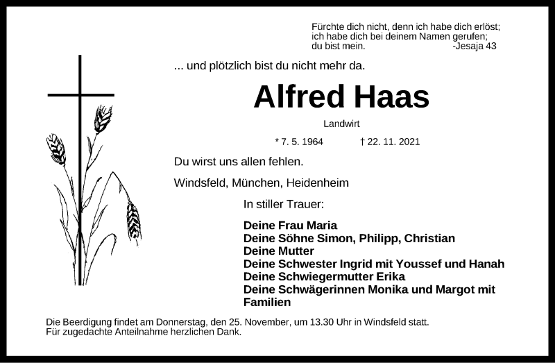  Traueranzeige für Alfred Haas vom 25.11.2021 aus Altmühl-Bote Lokal