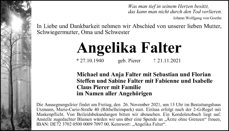  Traueranzeige für Angelika Falter vom 24.11.2021 aus Erlanger Nachrichten Lokal