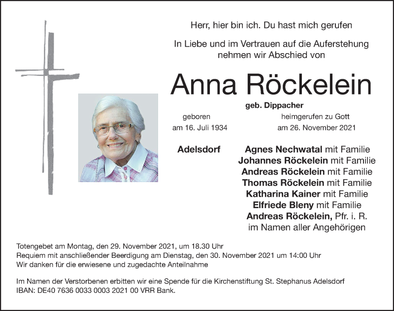  Traueranzeige für Anna Röckelein vom 30.11.2021 aus Nordbayerische Nachrichten Herzogenaurach Lokal