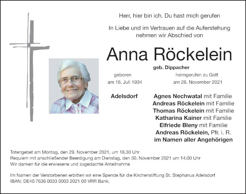  Traueranzeige für Anna Röckelein vom 29.11.2021 aus Nordbayerische Nachrichten Herzogenaurach Lokal