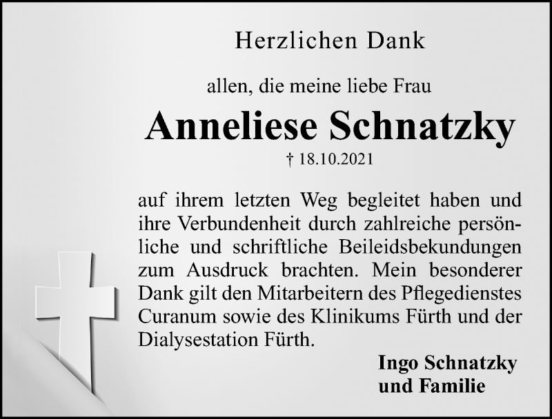  Traueranzeige für Anneliese Schnatzky vom 27.11.2021 aus Fürther Nachrichten Lokal