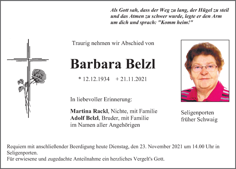  Traueranzeige für Barbara Belzl vom 23.11.2021 aus Neumarkter Nachrichten Lokal