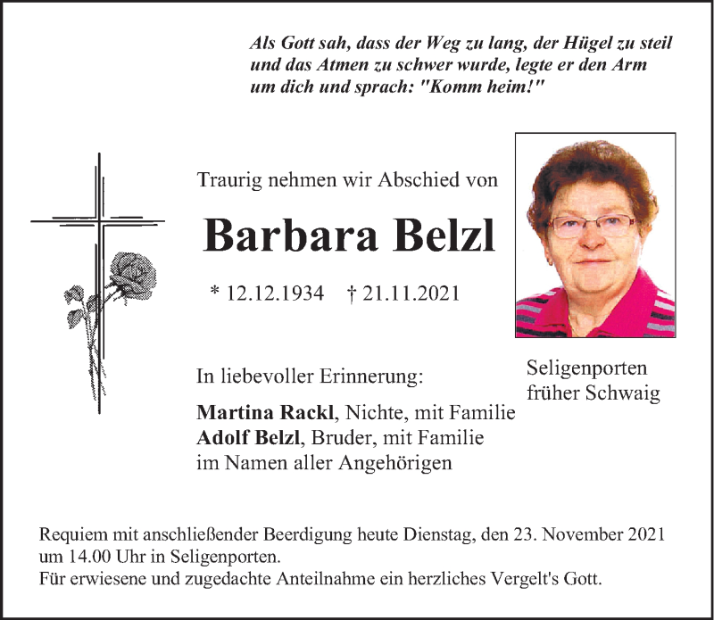  Traueranzeige für Barbara Belzl vom 23.11.2021 aus Gesamtausgabe Nürnberger Nachrichten/ Nürnberger Ztg.