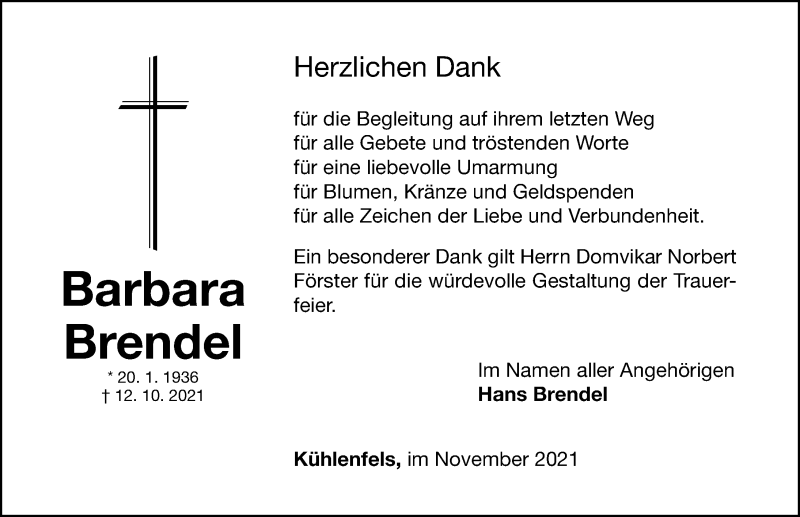  Traueranzeige für Barbara Brendel vom 06.11.2021 aus Nordbayerische Nachrichten Pegnitz Lokal