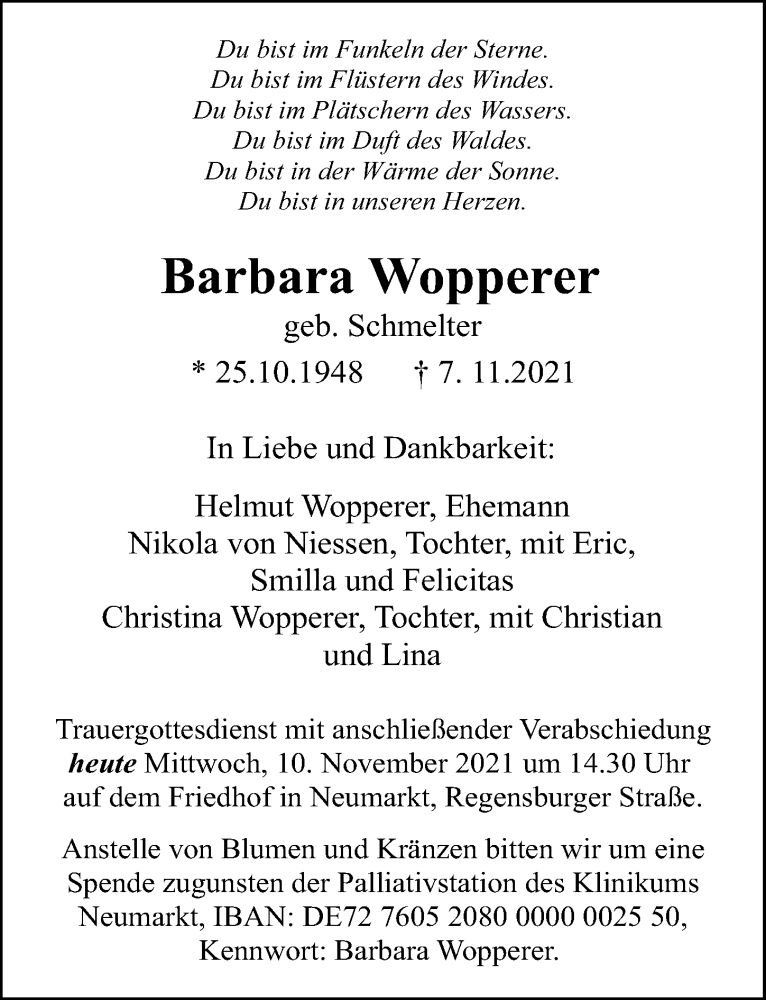  Traueranzeige für Barbara Wopperer vom 10.11.2021 aus Neumarkter Nachrichten Lokal