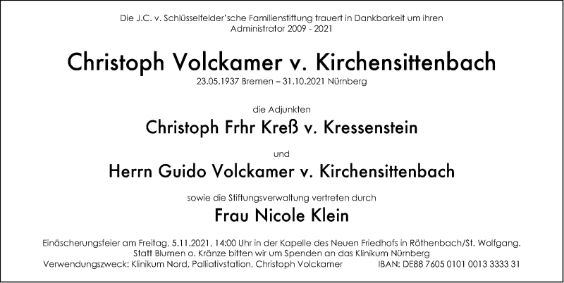  Traueranzeige für Christoph Volckamer v. Kirchensittenbach vom 04.11.2021 aus Gesamtausgabe Nürnberger Nachrichten/ Nürnberger Ztg.