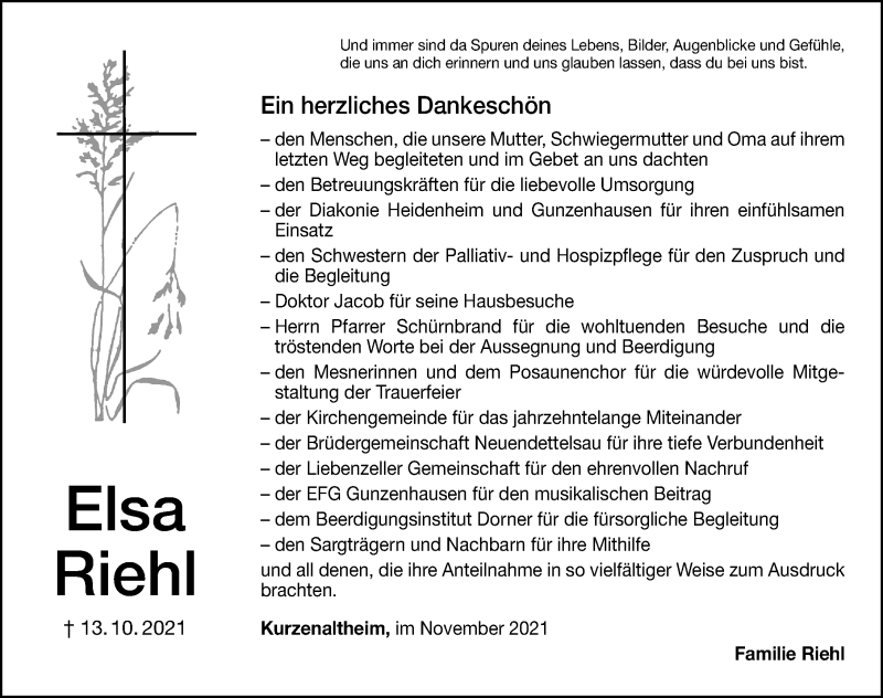  Traueranzeige für Elsa Riehl vom 06.11.2021 aus Altmühl-Bote Lokal