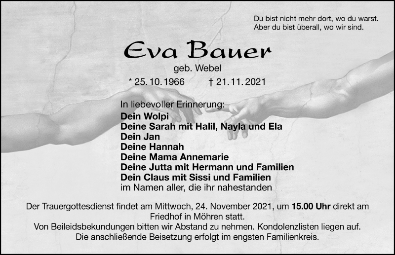  Traueranzeige für Eva Bauer vom 23.11.2021 aus Weißenburger Tagblatt u.Treuchtlinger Kurier Lokal