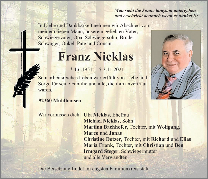  Traueranzeige für Franz Nicklas vom 06.11.2021 aus Neumarkter Nachrichten Lokal