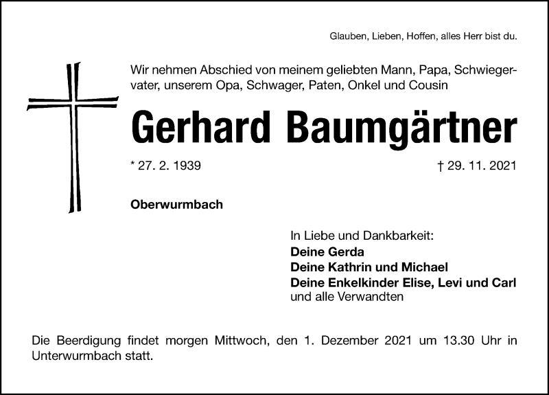  Traueranzeige für Gerhard Baumgärtner vom 30.11.2021 aus Altmühl-Bote Lokal