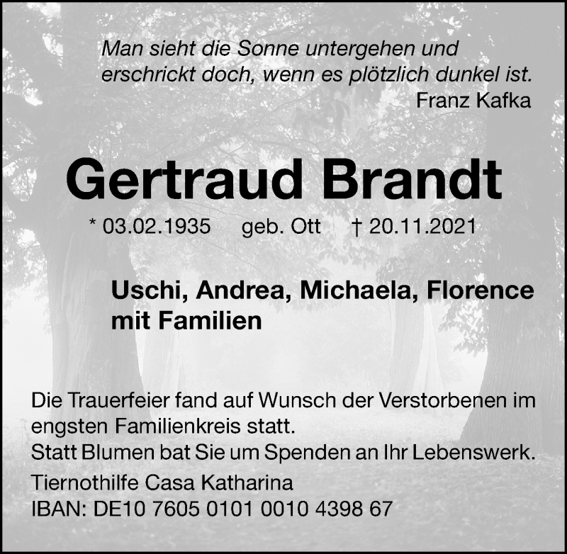  Traueranzeige für Gertraud Brandt vom 27.11.2021 aus Gesamtausgabe Nürnberger Nachrichten/ Nürnberger Ztg.
