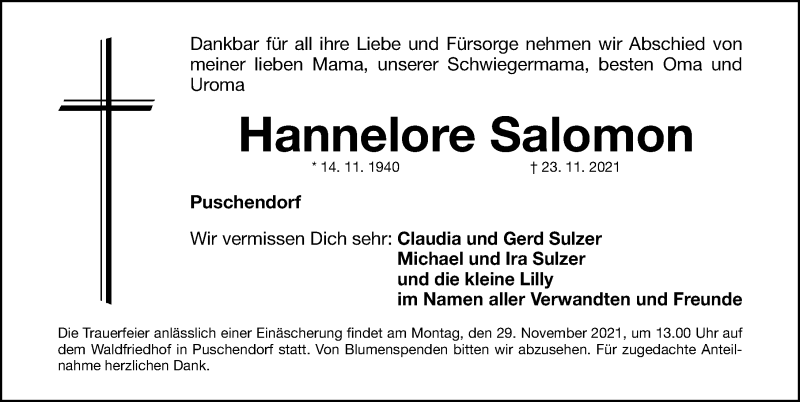  Traueranzeige für Hannelore Salomon vom 26.11.2021 aus Fürther Nachrichten Lokal