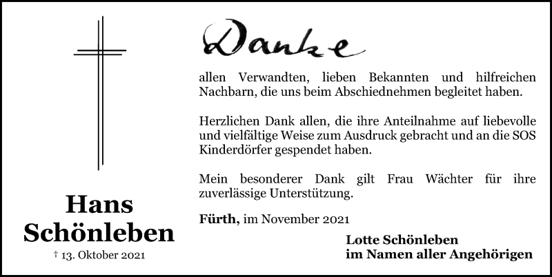  Traueranzeige für Hans Schönleben vom 13.11.2021 aus Fürther Nachrichten Lokal