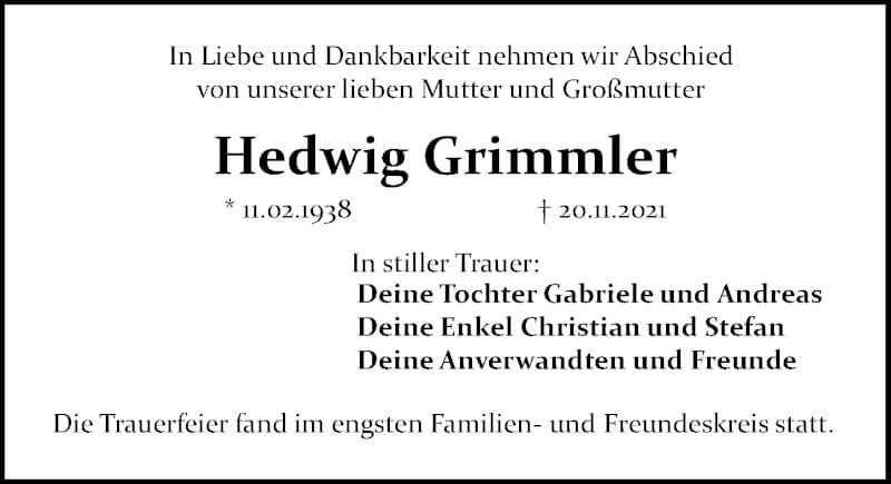 Traueranzeige für Hedwig Grimmler vom 29.11.2021 aus Gesamtausgabe Nürnberger Nachrichten/ Nürnberger Ztg.