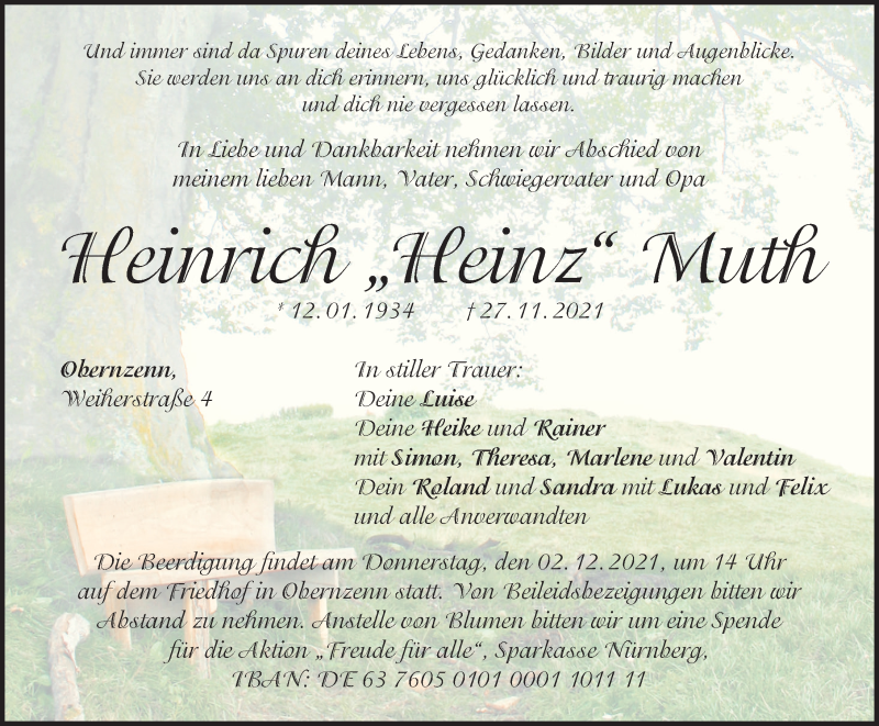  Traueranzeige für Heinrich Muth vom 30.11.2021 aus Windsheimer Zeitung Lokal