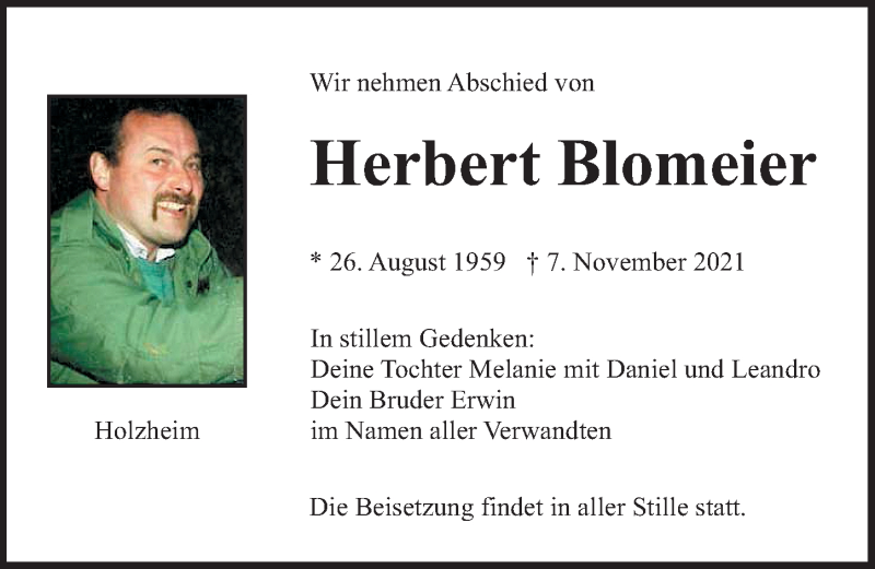  Traueranzeige für Herbert Blomeier vom 13.11.2021 aus Neumarkter Nachrichten Lokal